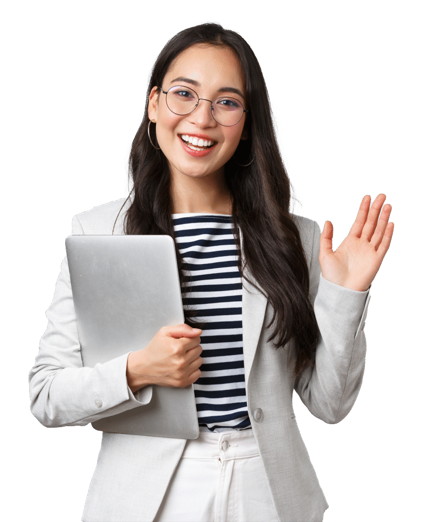 Business Accounting Female Friendly Greeting While Holding Laptop